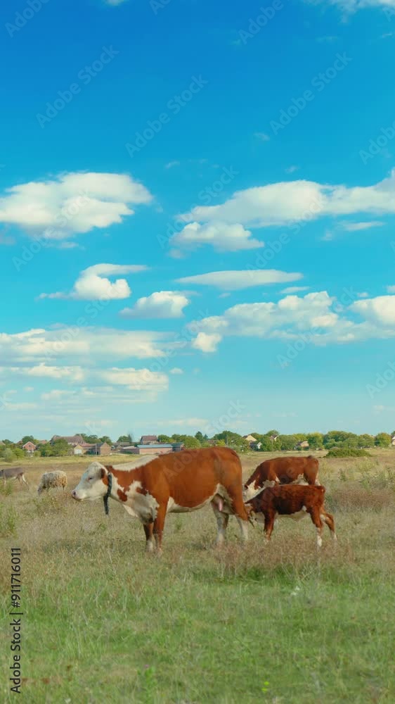 A peaceful rural scene with cows grazing in a green meadow under a blue sky A peaceful rural scene with cows grazing in a green meadow under a blue sky