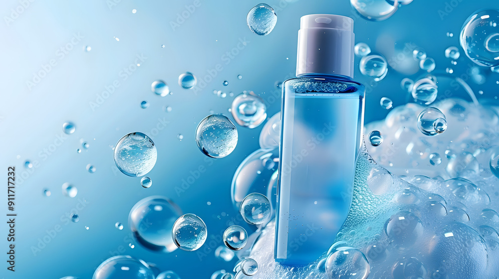 Blue background with cosmetic gel and bubbles texture skincare hygiene product Blue background with cosmetic gel and bubbles texture skincare hygiene product