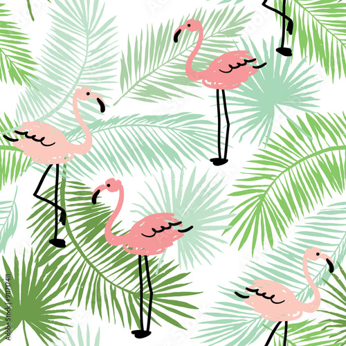03_Flamingo_pat_2024_08.epsTropical pink flamingo, green palm leaves silhouette, white background. Vector illustration. Seamless pattern. Exotic plants, birds. Summer beach design. Paradise nature