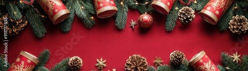 Christmas crackers arranged on a festive tablecloth photo