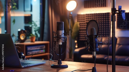 intimate podcast studio setup with two microphones on stylish stands warm lighting soundabsorbing panels creating cozy atmosphere for conversation photo