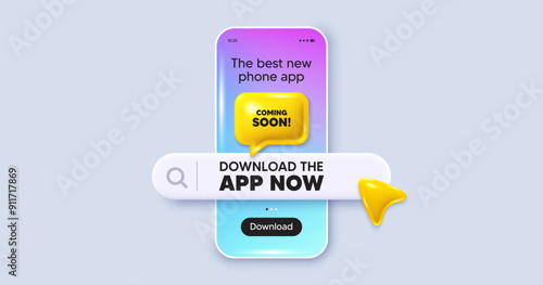 Coming soon tag. Phone mockup screen. Download the app now. Promotion banner sign. New product release symbol. Phone download app search bar. Coming soon text message. Vector