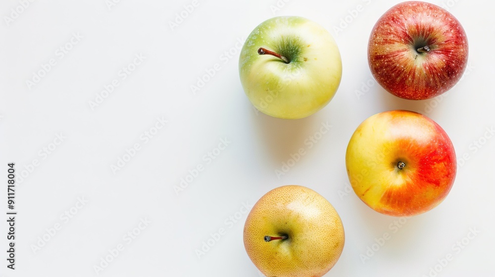 Three apples stacked on a white table beside a green one Three apples stacked on a white table beside a green one