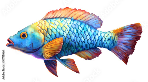 underwater shot of a mediterranean parrotfish on a sunny day with rocks, following isolated on white background, png photo