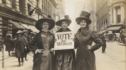 Women activists holding a sign advocating for women's voting rights in early 20th-century street scene