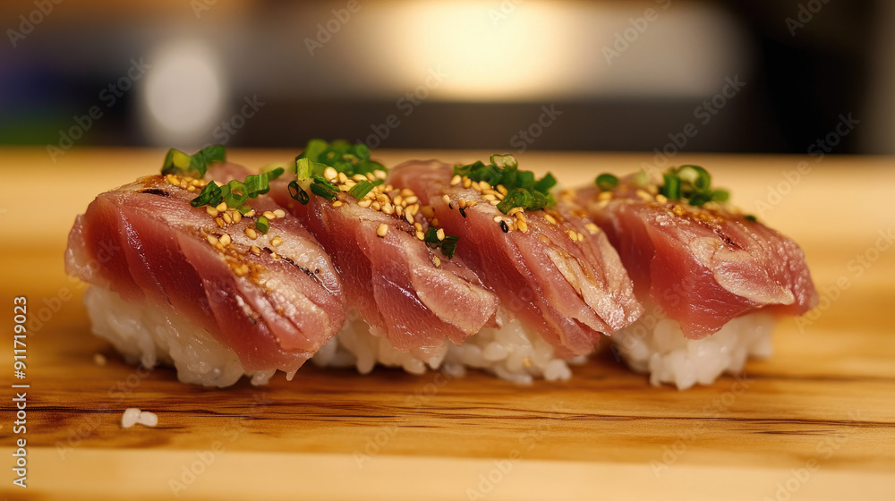 Tuna nigiri with rustic plating and garnishes on cutting board
Tuna nigiri with rustic plating and garnishes on cutting board