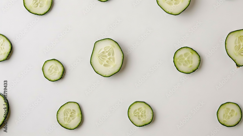 Cucumbers sliced and arranged on a white background to showcase internal structure Cucumbers sliced and arranged on a white background to showcase internal structure
