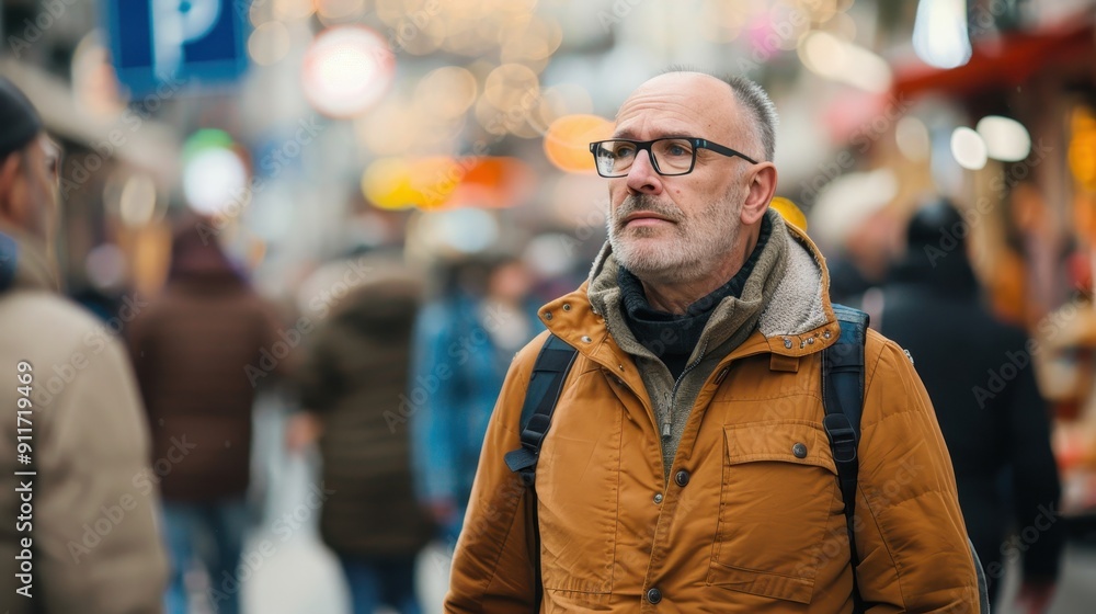 A man in an orange jacket walks through a bustling marketplace filled with festive decorations and crowds A man in an orange jacket walks through a bustling marketplace filled with festive decorations and crowds