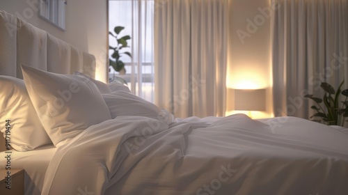 inviting corner view of a luxurious kingsize bed with crisp white linens plush pillows and soft ambient lighting creating a serene and comfortable bedroom atmosphere