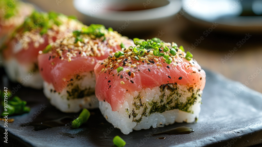 Tuna nigiri with rustic plating and garnishes, cubed
Tuna nigiri with rustic plating and garnishes, cubed