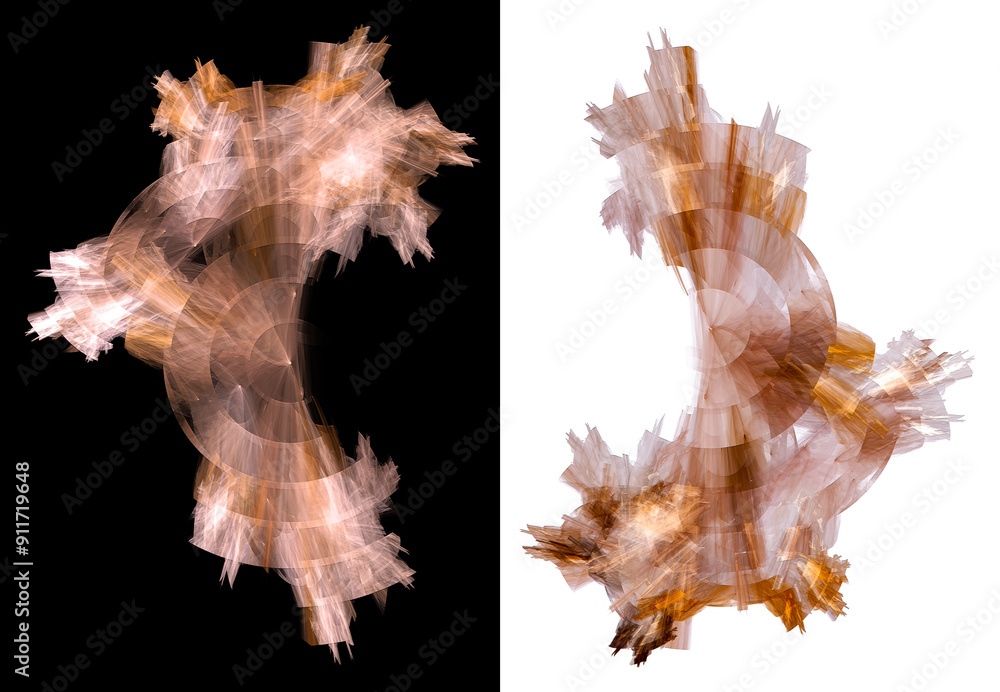 Set of torn fragments of abstract beige minerals consisting of layered rings on white and black backgrounds. 3D rendering. 3D illustration. Set of torn fragments of abstract beige minerals consisting of layered rings on white and black backgrounds. 3D rendering. 3D illustration.