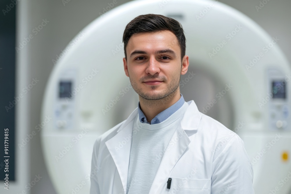 MRI Technician. Doctor examining Magnetic Resonance Imaging scan on Medical Equipment MRI Technician. Doctor examining Magnetic Resonance Imaging scan on Medical Equipment