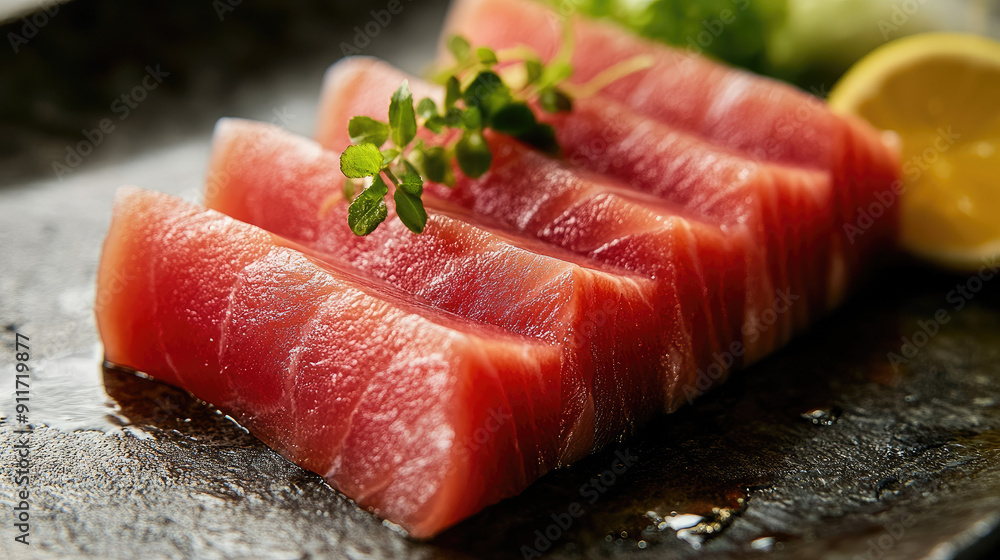 Rectangular tuna sashimi with rusting plating Rectangular tuna sashimi with rusting plating