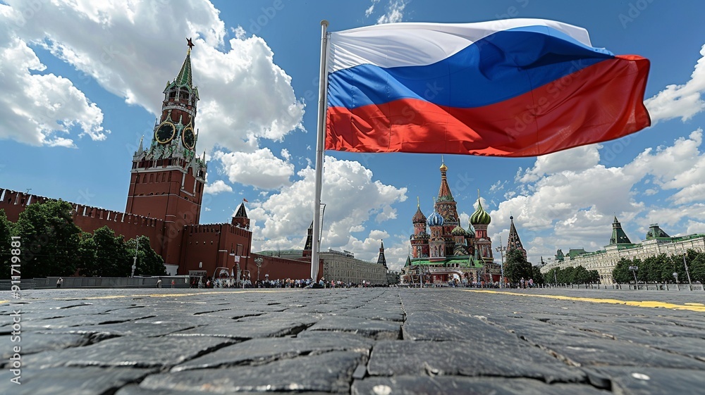 Obraz premium The Russian flag waves majestically in the breeze, showcasing its vibrant white, blue, and red horizontal stripes. This image captures the essence of national pride and identity