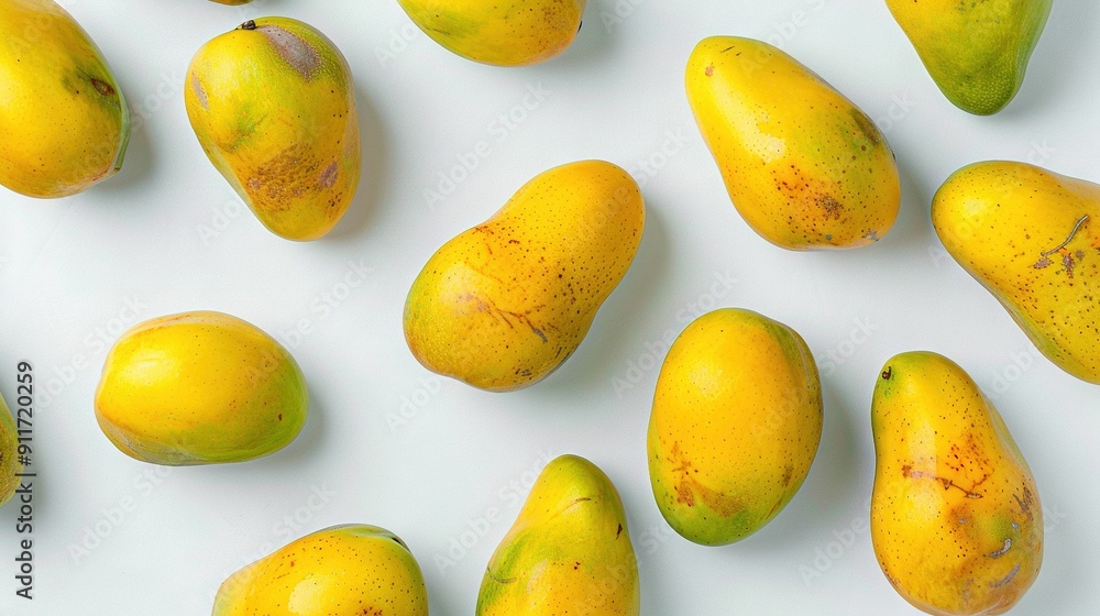 Mangoes in a cluster, resting on a white background with speckled brown markings Mangoes in a cluster, resting on a white background with speckled brown markings