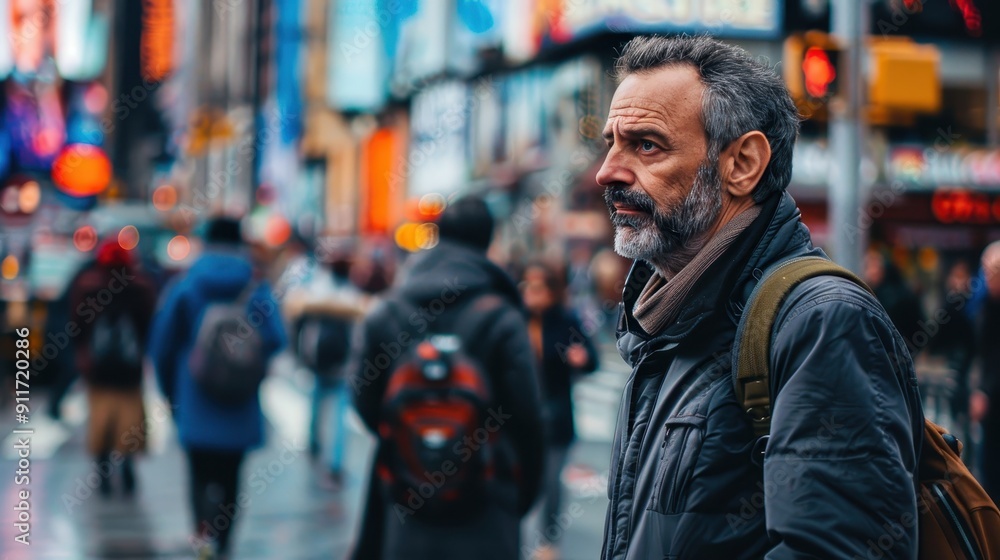 A man stands quietly in a bustling Times Square, observing the lively crowd during the busy evening hours A man stands quietly in a bustling Times Square, observing the lively crowd during the busy evening hours