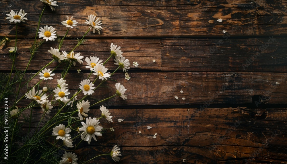 Spring freshness captured in an overhead shot blooming daisies against a textured wooden backdrop Spring freshness captured in an overhead shot blooming daisies against a textured wooden backdrop