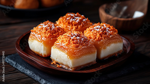 Traditional Turkish food Kazandibi with creamy milk pudding topped with caramelized crust and crumbled nuts, served on a wooden plate with powdered sugar. photo