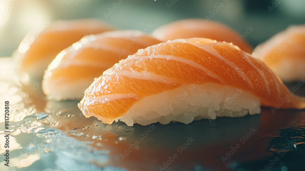 Salmon nigiri, high detail closeup Salmon nigiri, high detail closeup