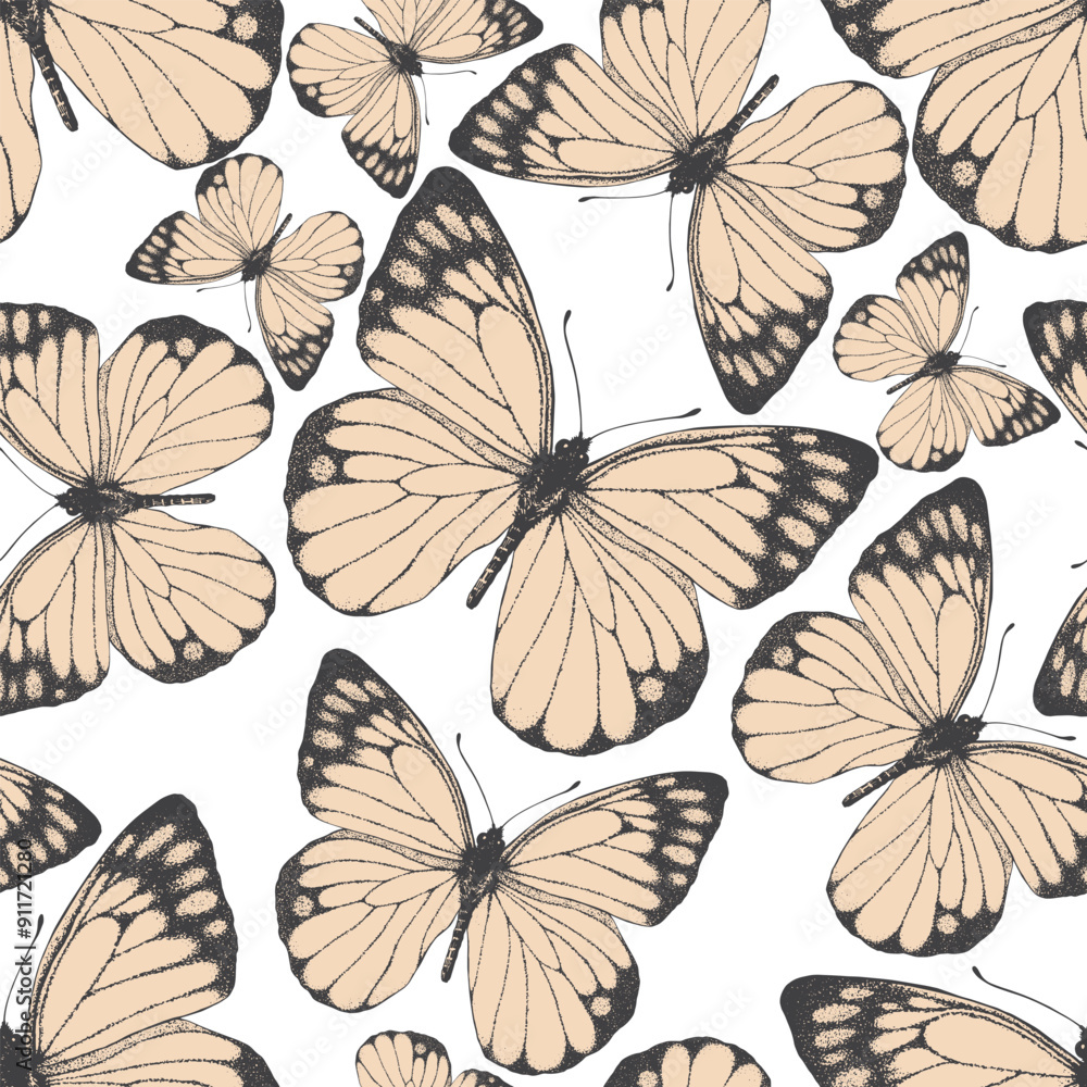 Seamless pattern of beige butterfly. Hand drawn illustration vector. Painted butterflies elements on white background. Animal motif abstract. For fabric, textile, design, banner, wrapping Seamless pattern of beige butterfly. Hand drawn illustration vector. Painted butterflies elements on white background. Animal motif abstract. For fabric, textile, design, banner, wrapping