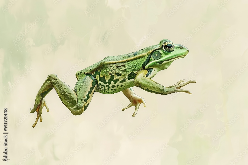 Fototapeta premium joyful green frog leaping happy leap day concept with amphibian on pastel background digital illustration