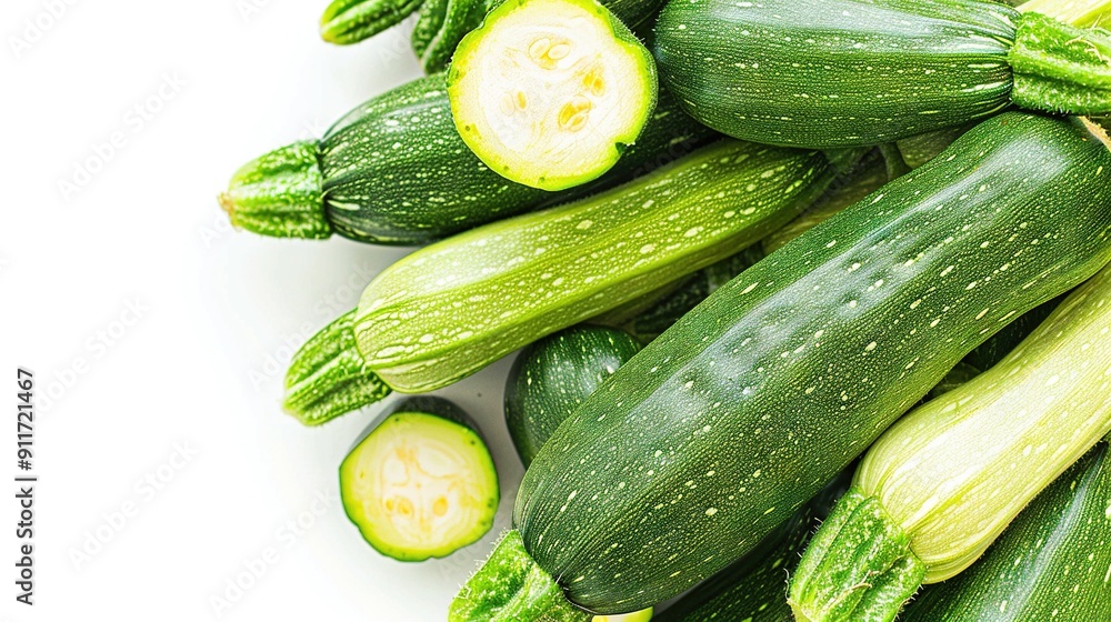 A white table holds two piles of vegetables, one with cucumbers and the other with zucchini A white table holds two piles of vegetables, one with cucumbers and the other with zucchini