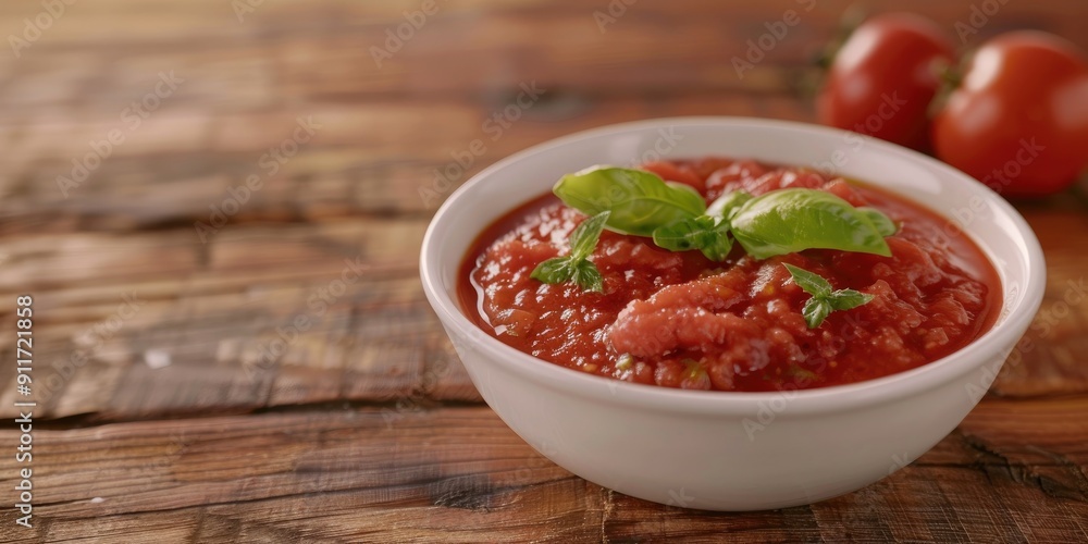 Tomato Passata Made at Home Presented in a White Bowl on a Wooden Table Tomato Passata Made at Home Presented in a White Bowl on a Wooden Table