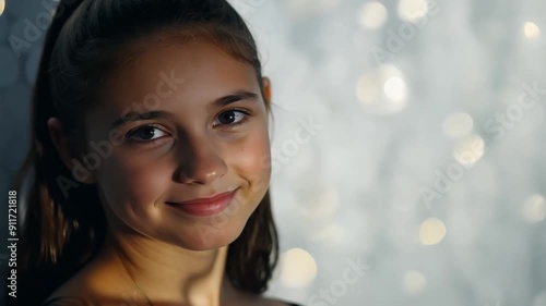 Smiling Girl with Twinkling Lights Background in Soft Focus - focus, girl, smile, lights, bokeh, portrait, young photo