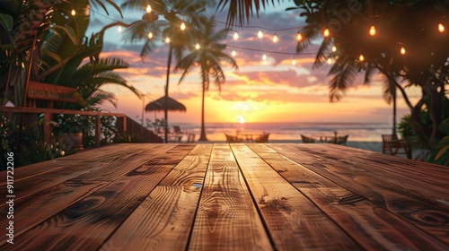 Wooden table with a view of the sunset over an exotic beach, surrounded by palm trees and string lights. Created with Ai