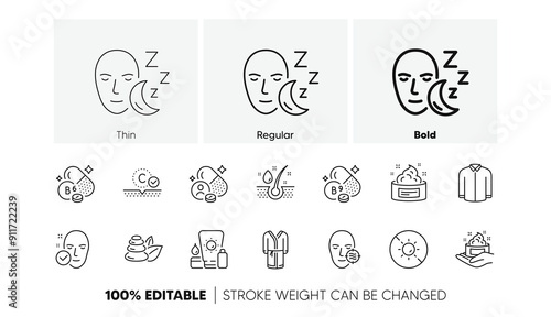 Spa stones, Problem skin and Skin care line icons. Pack of Serum oil, Shirt, No sun icon. Bathrobe, Folate vitamin, Vitamin pictogram. Sunscreen, Sleep. For web app, printing. Bath. Line icons. Vector