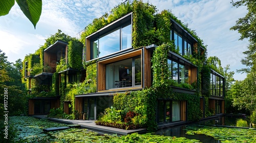 Modern Green Architecture with Pond and Lily Pads.