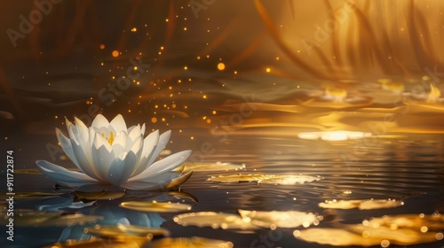 luminous white lotus floating serenely in goldenhued pond mystical ambiance photo