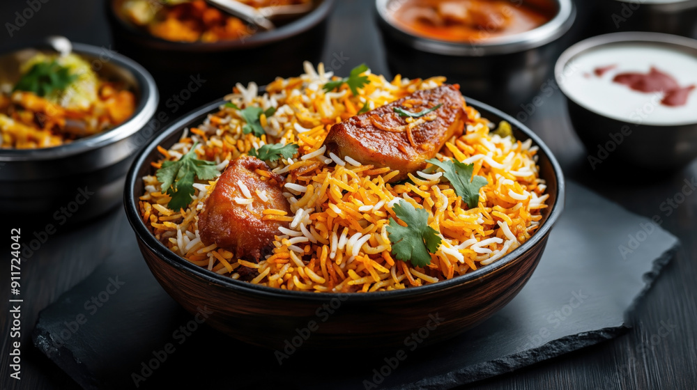 Traditional Indian food biriyani with marinated meat, basmati rice, cilantro garnishing, served with raita and curry, accompanied by a lime wedge. Traditional Indian food biriyani with marinated meat, basmati rice, cilantro garnishing, served with raita and curry, accompanied by a lime wedge.
