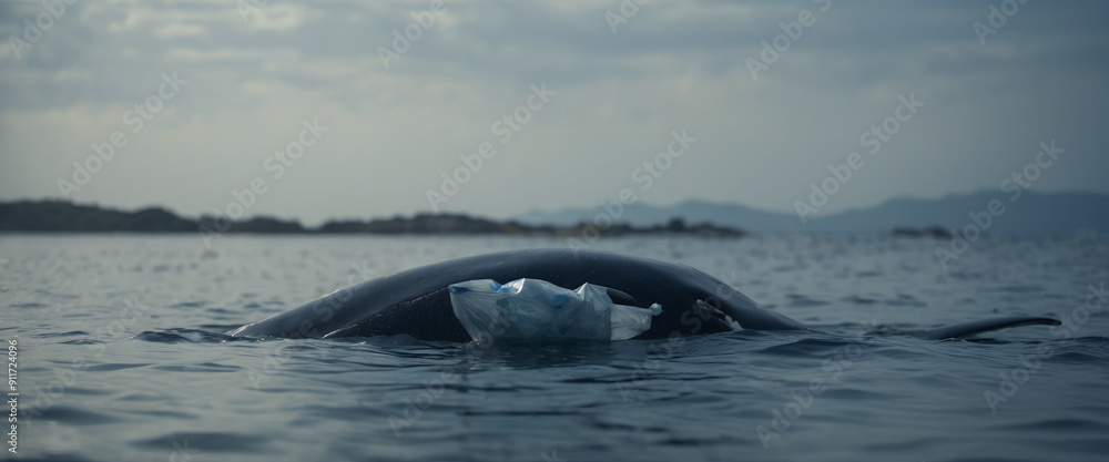Fototapeta premium Whale in its natural habitat surrounded by man-made waste and plastic waste, pollution of the oceans and damage and destruction of ecosystems