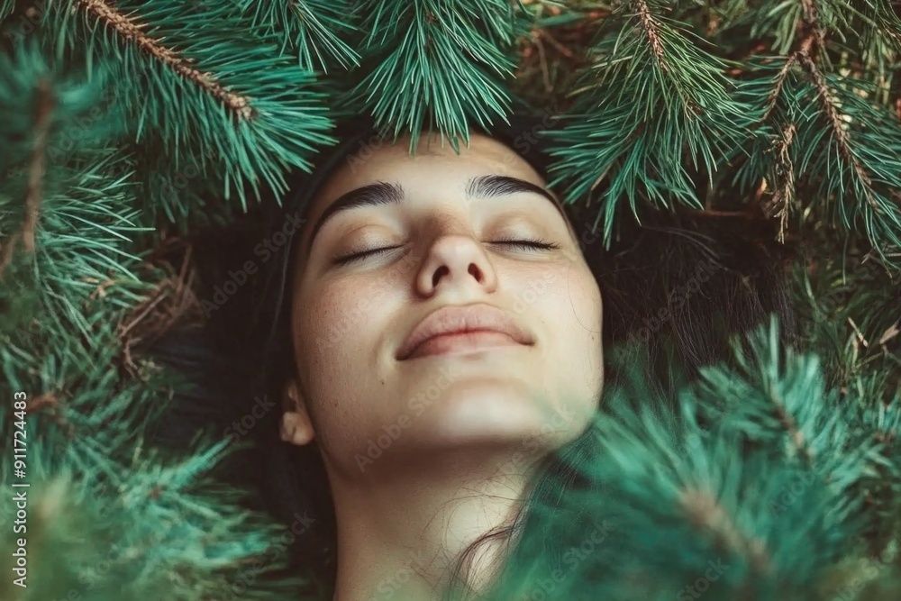 Serene Close-Up of a Person Enjoying Nature, Surrounded by Fresh Pine Branches - Ideal for Wellness, Relaxation, and Environmental Concepts Serene Close-Up of a Person Enjoying Nature, Surrounded by Fresh Pine Branches - Ideal for Wellness, Relaxation, and Environmental Concepts