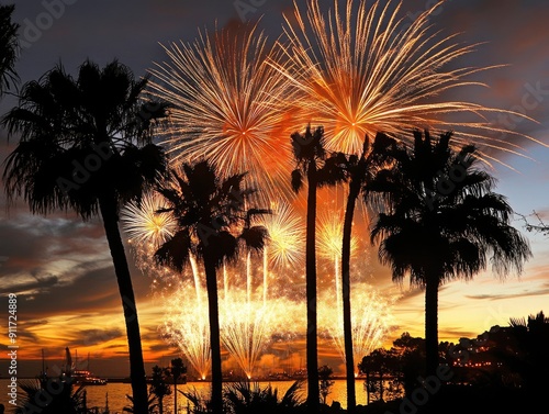 Tropical Fireworks: Stunning Night Sky above Palm Trees in French Riviera #911724889