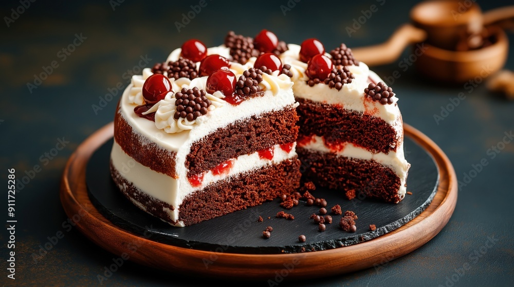 A luxurious red velvet cake beautifully decorated with cream cheese frosting, glossy cherries, and chocolate crisps. A luxurious red velvet cake beautifully decorated with cream cheese frosting, glossy cherries, and chocolate crisps.