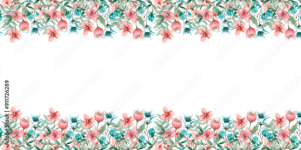 Rectangular frame of branches and flowers in watercolor illustration in pastel colors on a white background. Hand-drawn children's cards, invitations, decorations for children's parties.