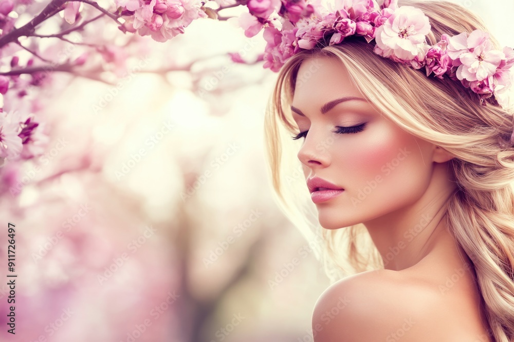Enchanting Fairy Tale Portrait of a Young Woman with Floral Crown in Serene Spring Setting Enchanting Fairy Tale Portrait of a Young Woman with Floral Crown in Serene Spring Setting