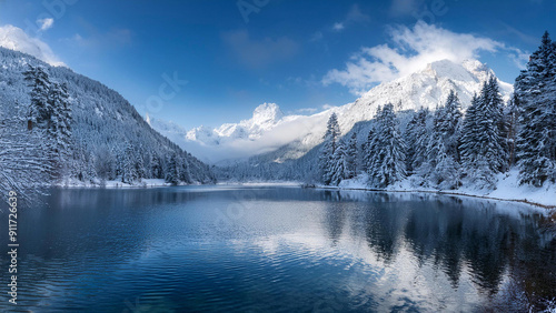 Beautiful clear Mountain Lake landscape with snow covered mountains on a beautiful clear day