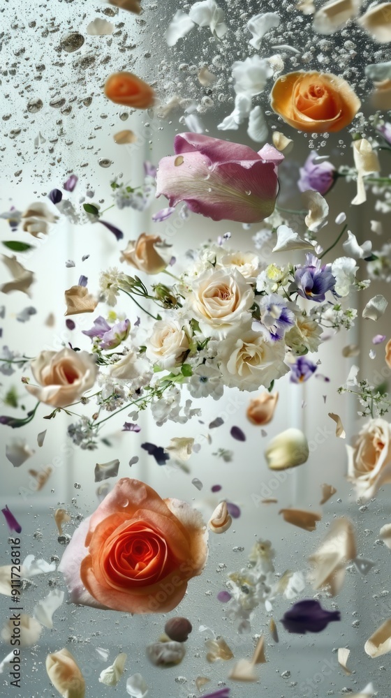 Fresh Flowers Flying on Light Background: Chaotic and Beautiful Floral Arrangement for Design and Decoration Fresh Flowers Flying on Light Background: Chaotic and Beautiful Floral Arrangement for Design and Decoration