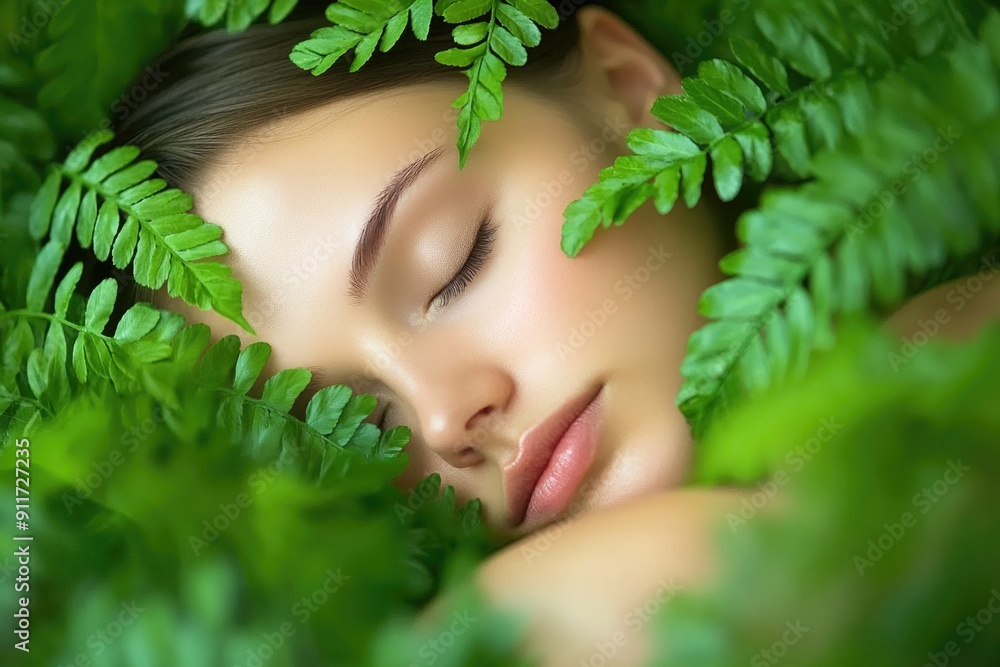 Nature Therapy Concept: Close-Up of a Woman Immersed in Lush Greenery for Relaxation and Wellness Nature Therapy Concept: Close-Up of a Woman Immersed in Lush Greenery for Relaxation and Wellness
