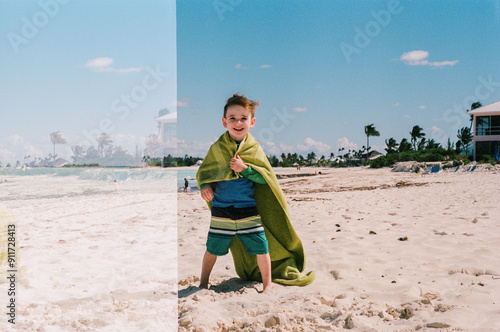 Happy boy on beach - accidental Double exposure vacation film photo