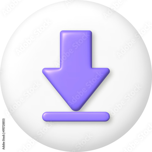 3d icon. Purple down arrow on white button. PNG illustration.