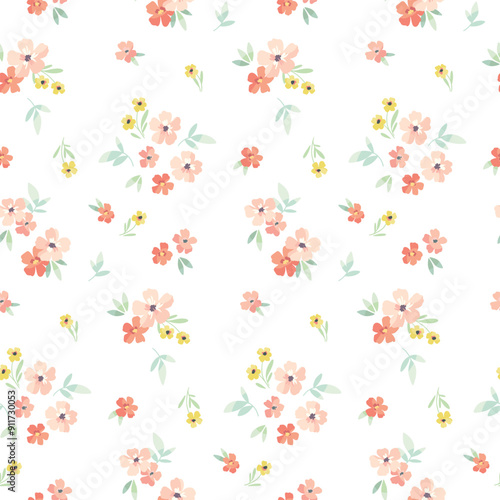 Seamless floral pattern, liberty ditsy print, abstract flower ornament of mini plants. Cute botanical design: small hand drawn daisy flowers, tiny leaves, simple pretty bouquets. Vector illustration.