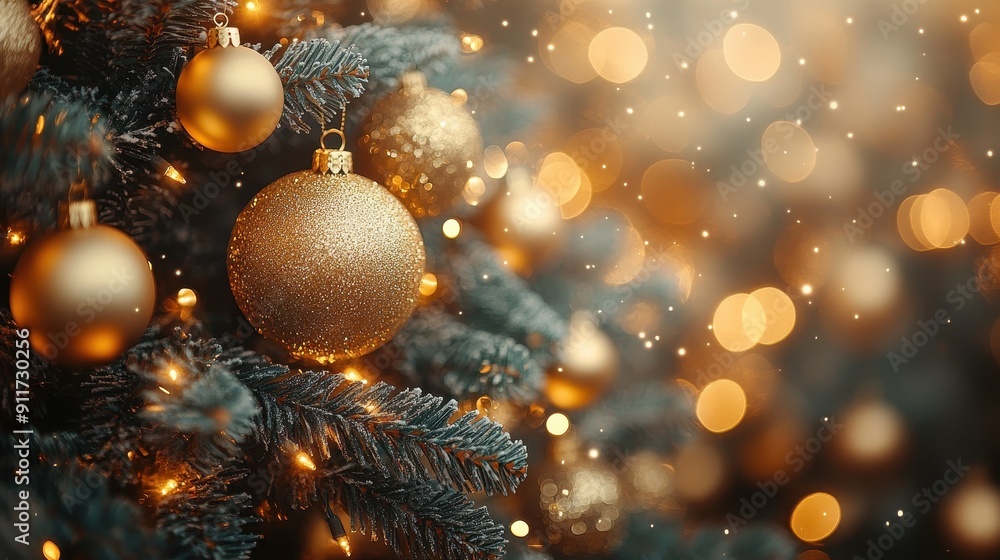 Close-Up of Christmas Tree with Golden Ornaments and Lights - Blurred Background with Bokeh Effect Close-Up of Christmas Tree with Golden Ornaments and Lights - Blurred Background with Bokeh Effect