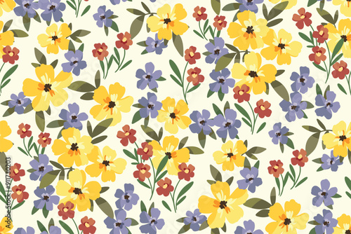 Seamless floral pattern, liberty ditsy print, abstract flower ornament of vintage garden. Cute botanical design: small yellow hand drawn flowers, tiny leaves, simple wild plants. Vector illustration.