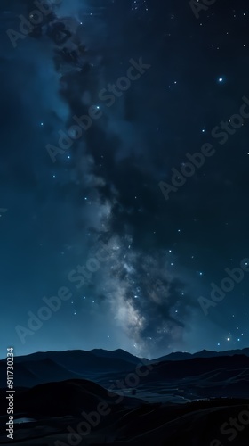Starry night sky, Milky Way galaxy, mountains silhouette
