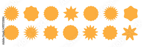Yellow Starburst sunburst sticker collection. Set of blue price, sale, discount offer circle frames. Simple Abstarct star shape badges. Design element. Vector illustration