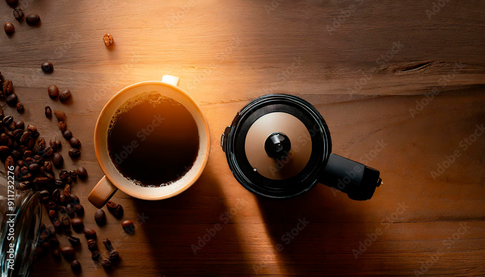 Top view on wooden table, moka and coffee cup and scattered beans. Top view on wooden table, moka and coffee cup and scattered beans.